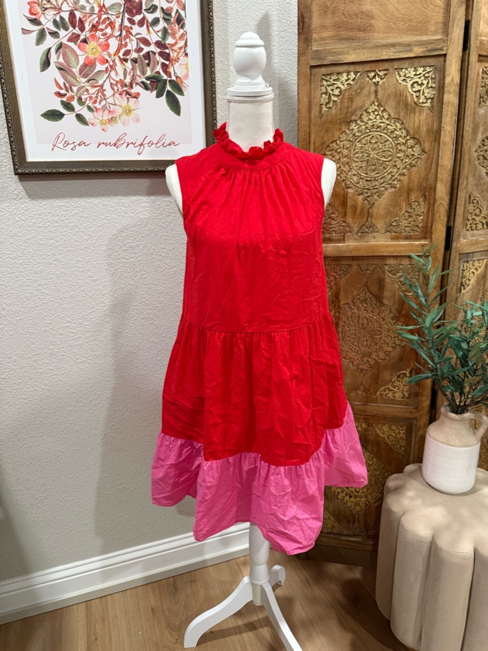 Petal & Pup' Colorblock Ruffle Neck Tiered Dress - Red & Pink